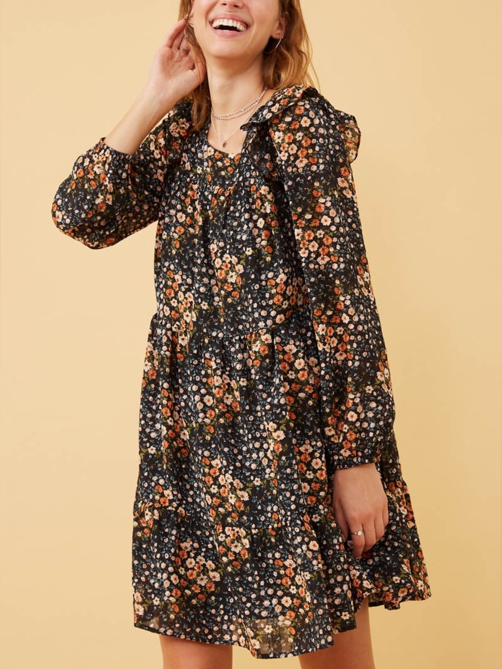 Hayden| Boho Black Fall Floral Tiered Skirt Long-Sleeve Ruffle Dress Sz S